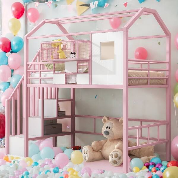 slide 2 of 31, Artsy Metal Loft Bed with roof design and a storage box, Twin, Pink Pink