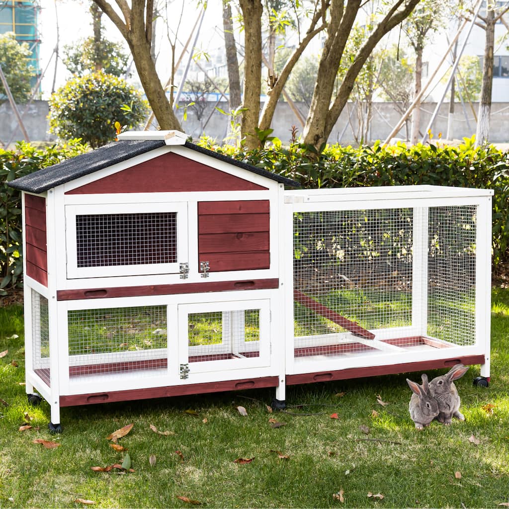 Kinpaw Large Rabbit Hutch, Indoor and Outdoor Bunny Cage on Wheels, Chicken Coop Guinea Pig House, Waterproof Roof
