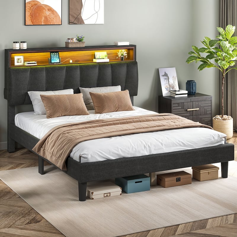 LED Bed Frame with Storage Headboard and Charging Station