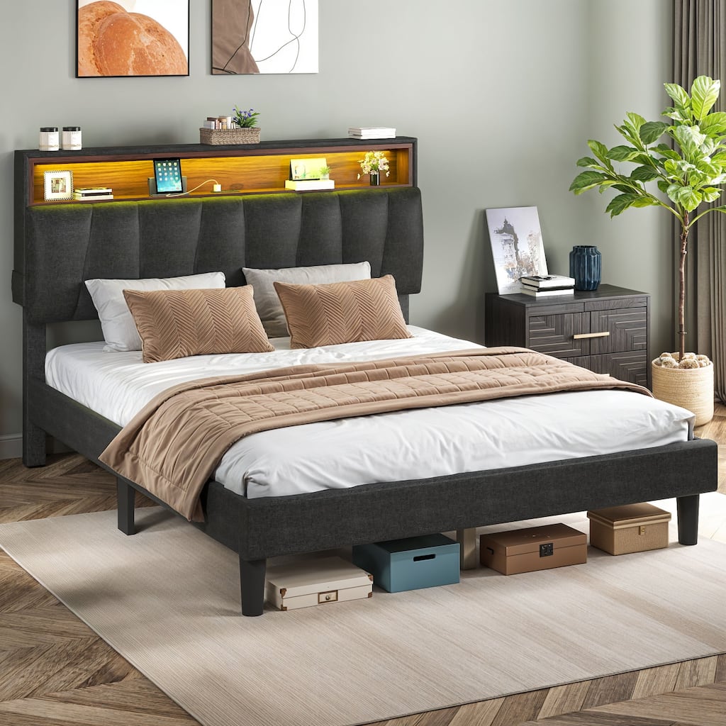 LED Bed Frame with Storage Headboard and Charging Station