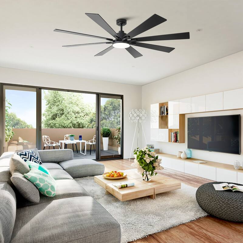 72" Modern Black Large Ceiling Fan with Light, Remote and Bluetooth Control