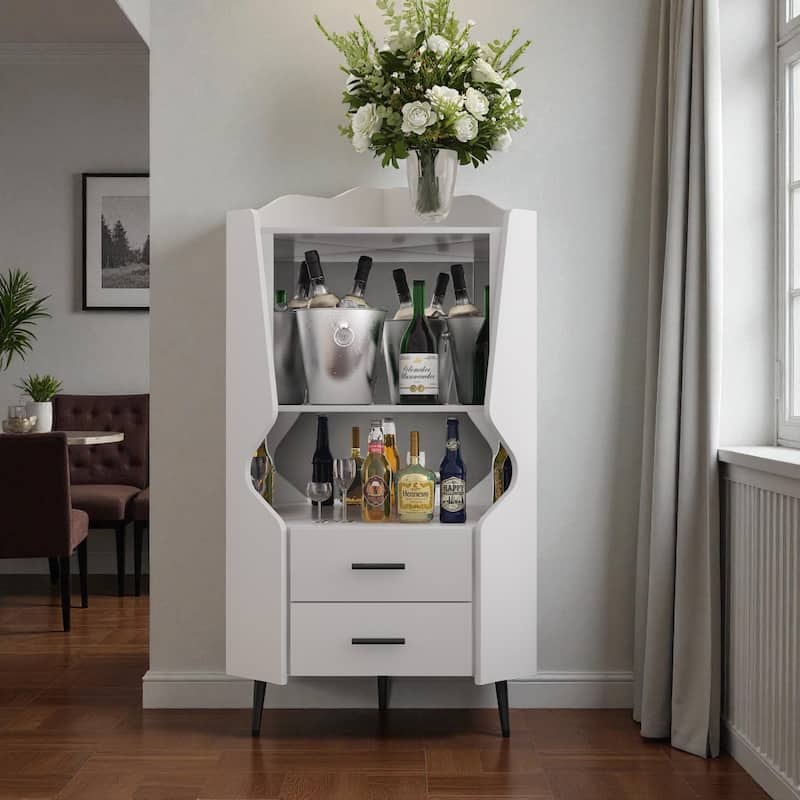 Modern Wooden Corner Bar Cabinet with Mirrored Back, 2 Drawers and Open Shelves, Buffet Sideboard for Dining or Living Room