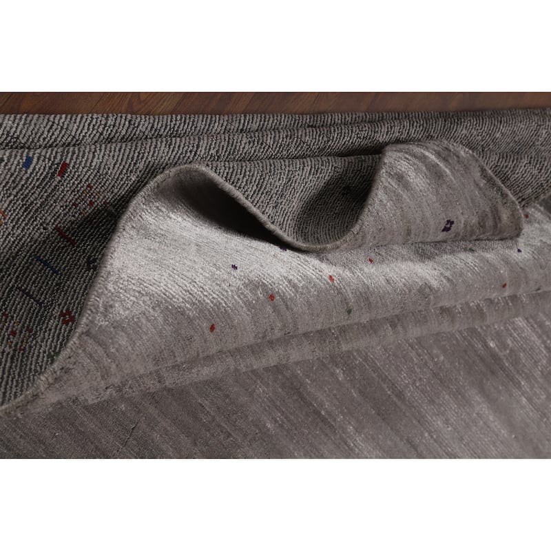 Hand Knotted Oriental Viscose Silk Carpet Tribal Animal Pictorial Greys & Charcoal Gabbeh Area Rug - 11' 6'' X 7' 11''