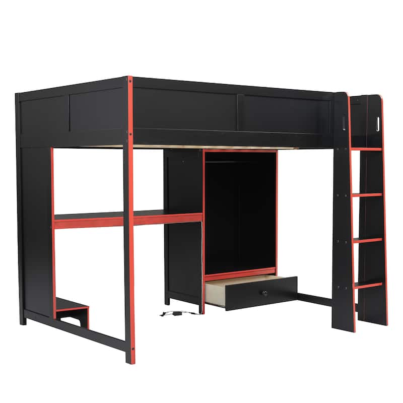 Esports Gaming Bed LED Gaming Loft Bed with Wardrobe, Drawer, Desk with PC Tower Holder Underneath for Gaming Hotel Gaming Room