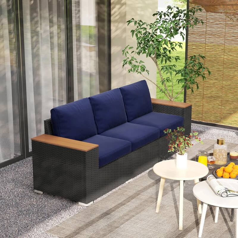 3 Seat Deep Cushion PE Rattan Patio Sofa, Wide Armrests