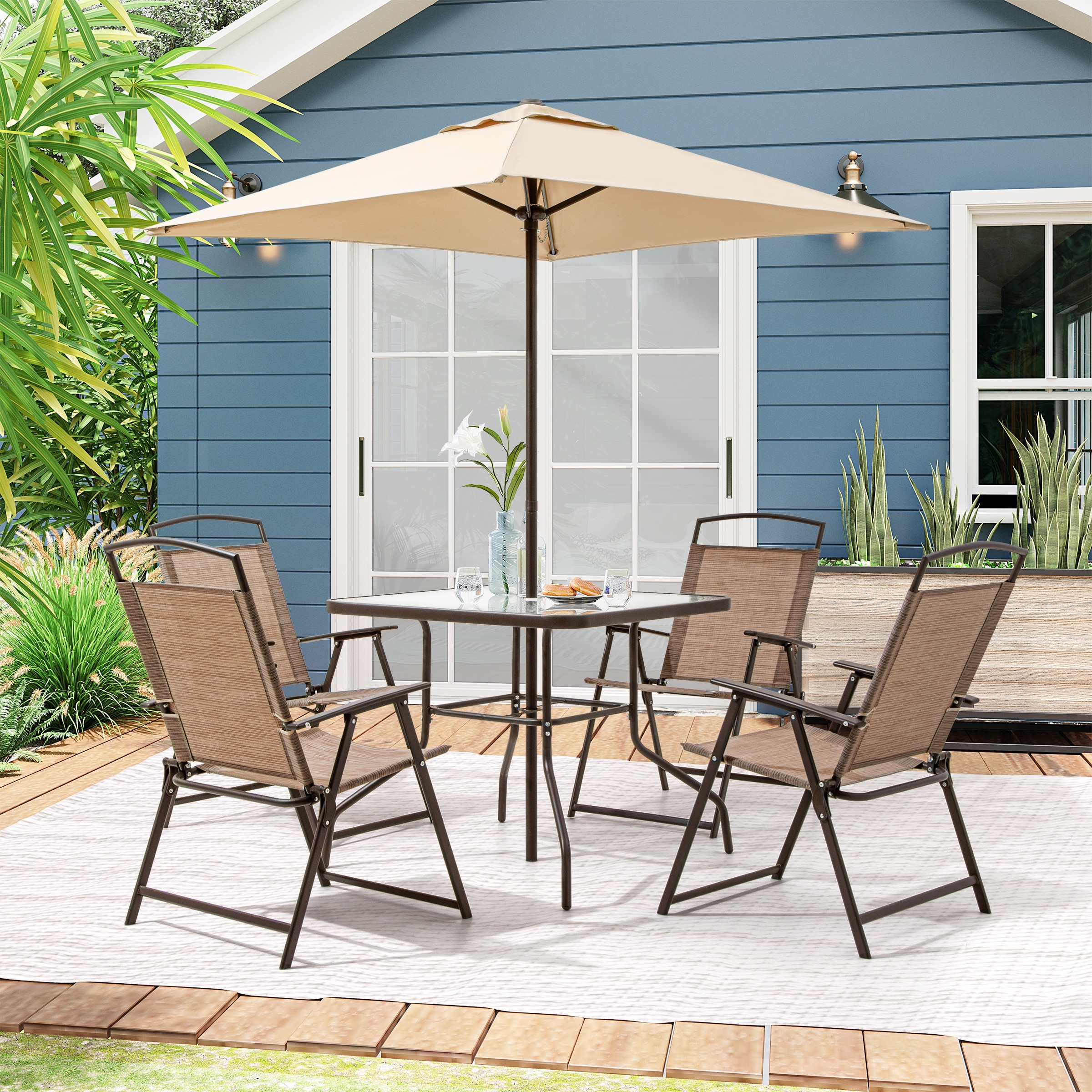 6 piece patio garden set with table umbrella and 4 folding chairs sales