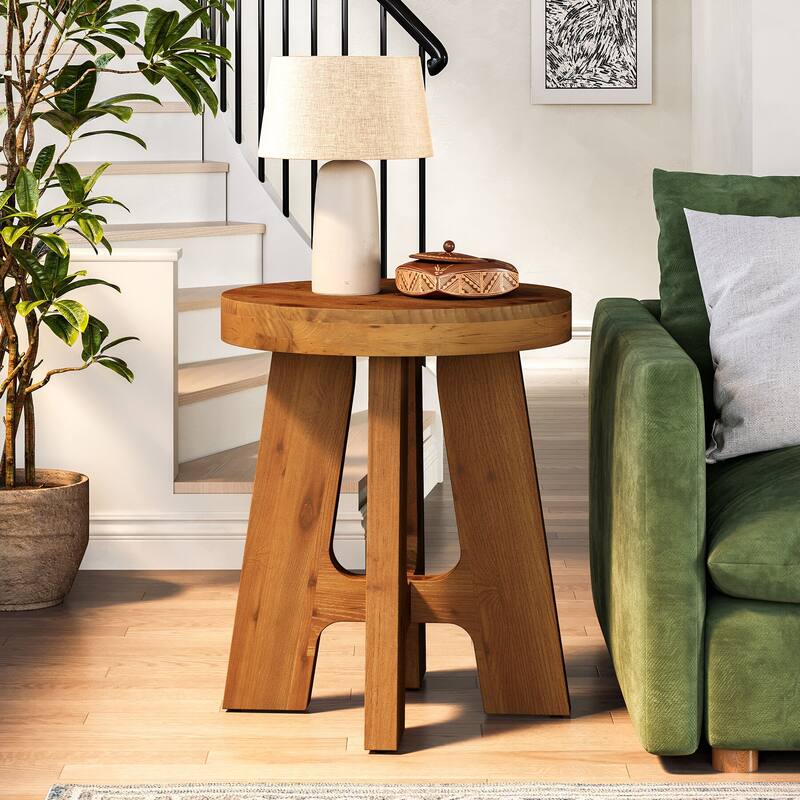 Farmhouse Solid Wood Round End Table Small Side Table for Couch