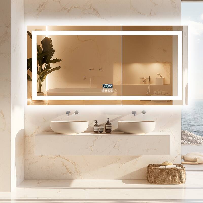 Smart LED Illuminated Fog-free Large Bathroom Mirror with Bluetooth Speakers, Digital Display