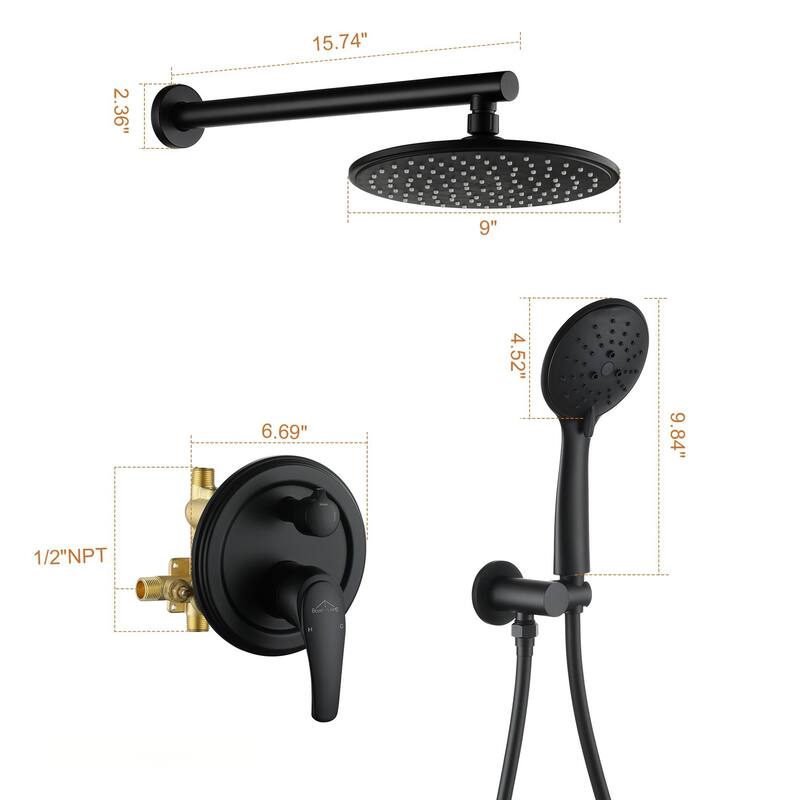 5-Spray Patterns with 9/10/12-in Wall Mount Dual Shower Heads