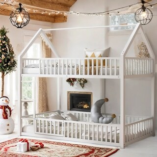 Sturdy Metal Twin over Twin House Bunk Bed with Fence and Door for Bedroom