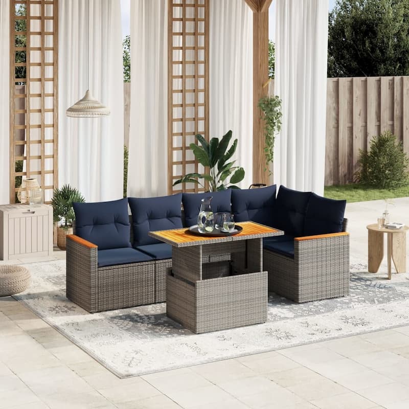 vidaXL Patio Sofa Set with Cushions Outdoor Furniture 6 Piece Poly Rattan - Grey - 24.4 x 24.4 x 27.2