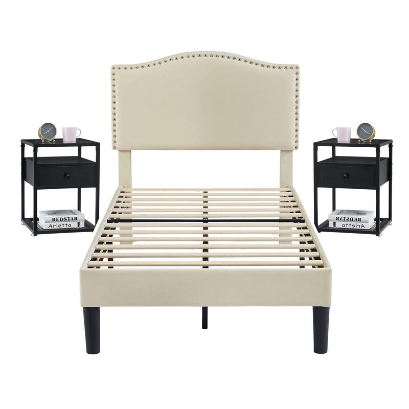 VECELO, Five Colors, 3-Pieces Upholstered Platform Bed Frame with Adjustable Headboard and Nightstands Set of 2