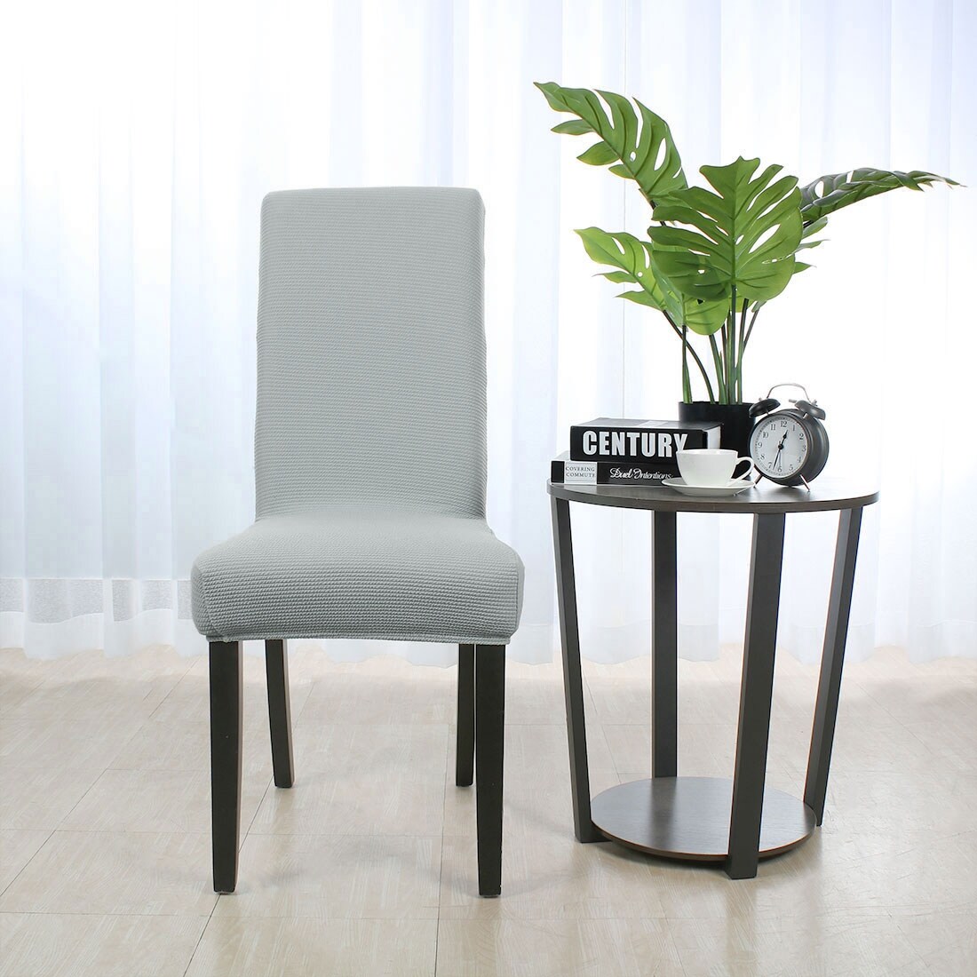 2Pcs Dark Gray Knitted One-piece Dining Room Chair Cover Slipcover for Home 