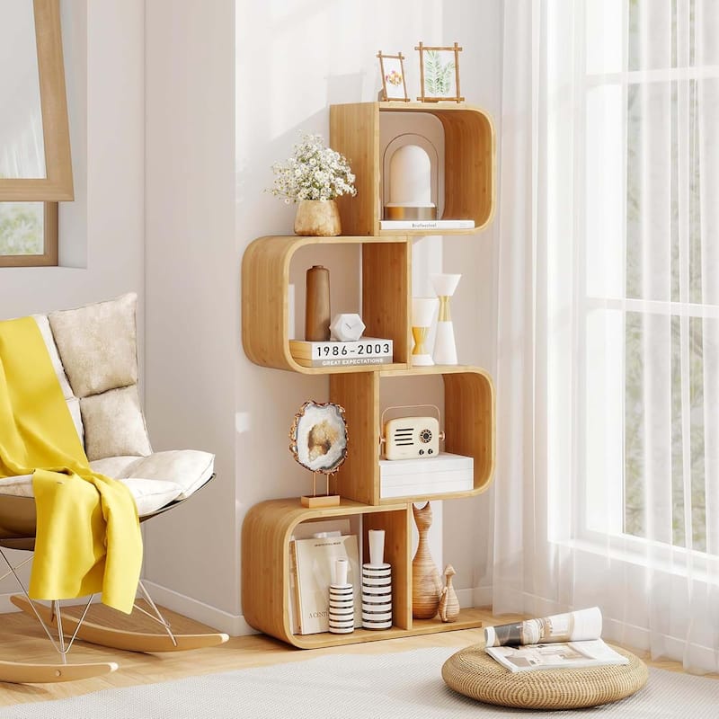 1/2 PCS Bamboo Geometric Bookshelf 4-Tier S-Shaped Bookcase