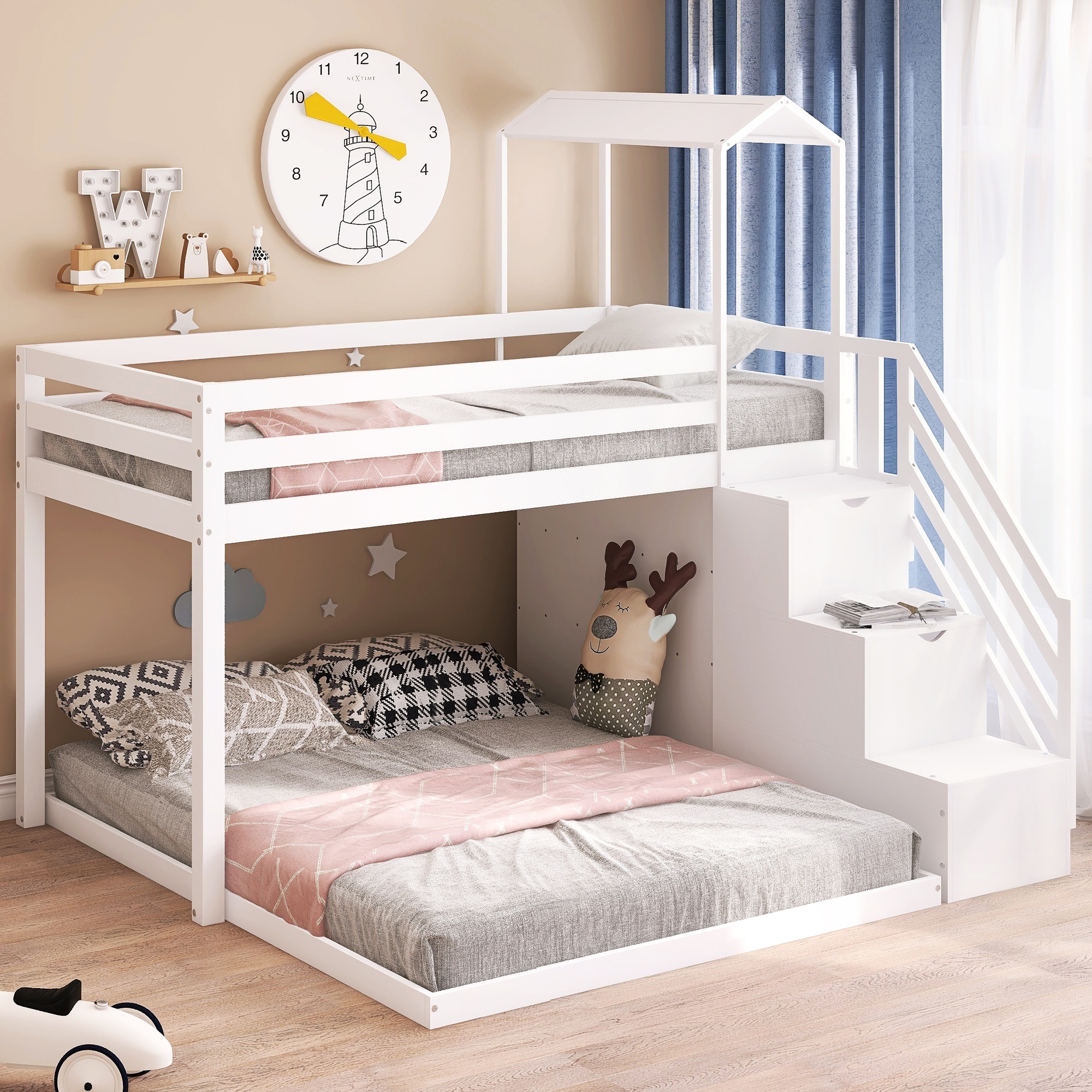 Twin Bunk Bed, Convertible Bottom Bed, Storage Shelves And, 45% Off