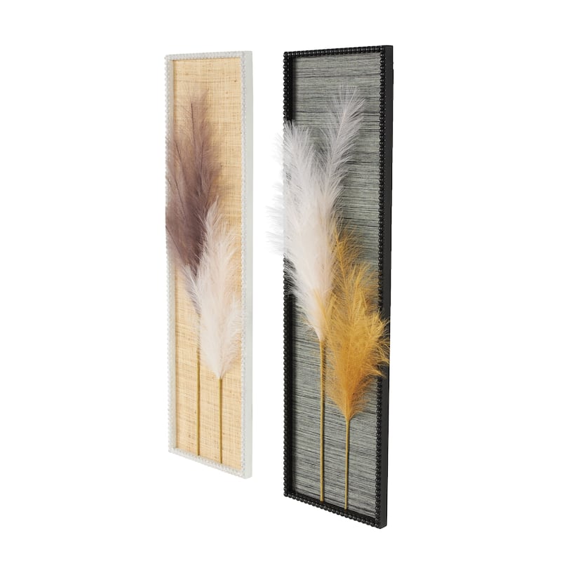 Wood Leaf Handmade 3D Pampas Stem Wall Decor with Textured Backing and Beaded Frame - Set of 2 Brown - Roche River Decor