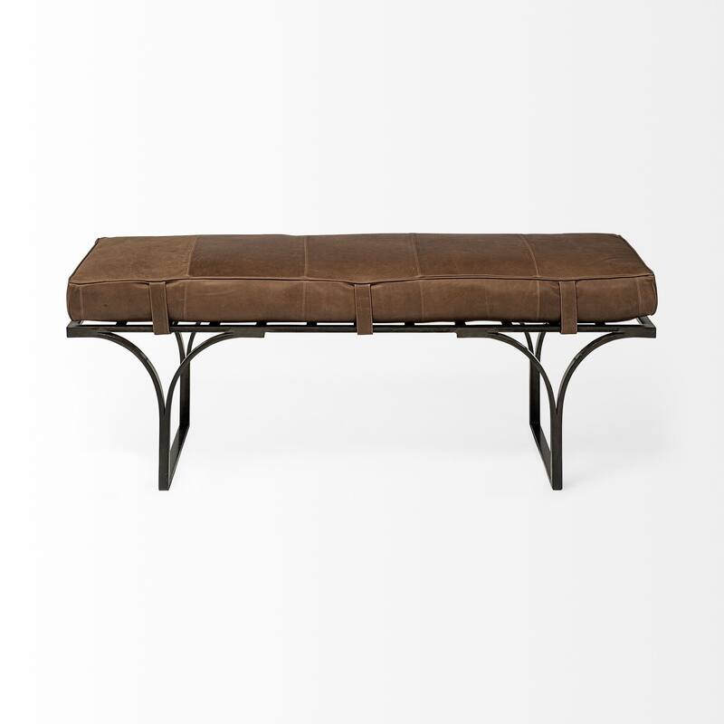 HomeRoots 55" Brown and Black Upholstered Genuine Leather Bench - 55