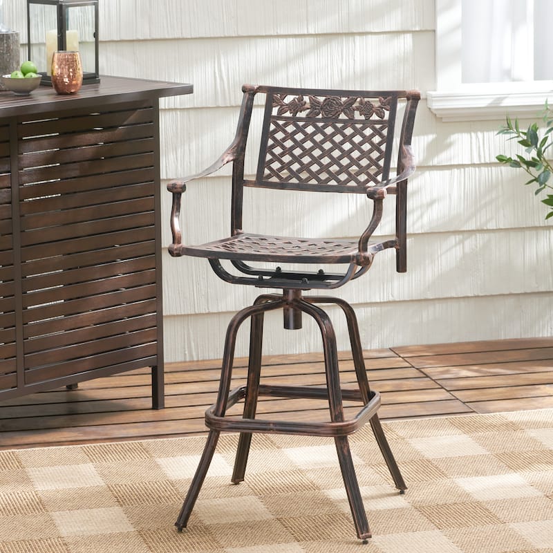 Roomfitters Swivel Patio Bar Stool with Floral Design, Cast Aluminum Frame, Adjustable Height, Comfortable Armrests - Copper