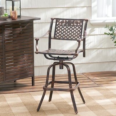 Roomfitters Swivel Patio Bar Stool with Floral Design, Cast Aluminum Frame, Adjustable Height, Comfortable Armrests