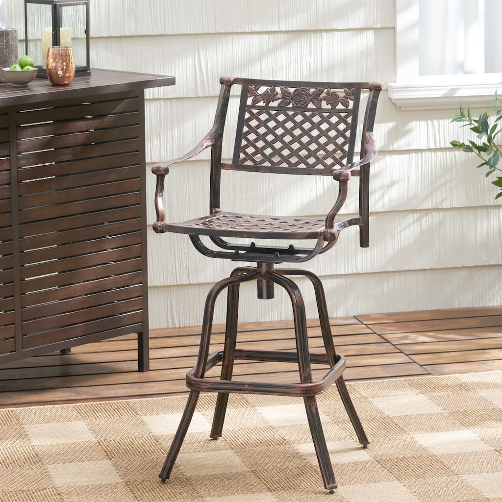 Roomfitters Swivel Patio Bar Stool with Floral Design, Cast Aluminum Frame, Adjustable Height, Comfortable Armrests