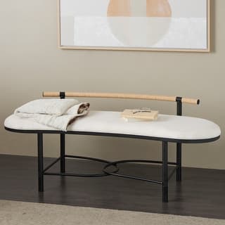 White Metal Upholstered Oval Abstract Bench with Black Metal Frame and Rope Rod Backrest