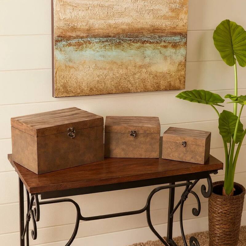 Wooden Lift Top Storage Box with Grain Details, Set of 3, Brown