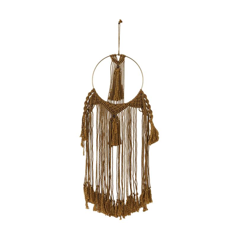 Fabric Macrame Handmade Intricately Weaved Wall Decor with Beaded Fringe Tassels - Brown - Roche River Decor
