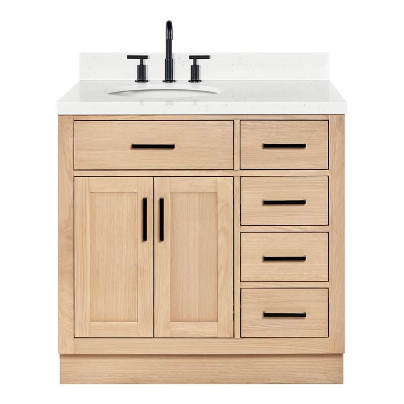Ariel T036SLCQOVO Hepburn 36" Free Standing Single Basin Vanity Set - Oak / Carrara White Quartz Top / Matte Black