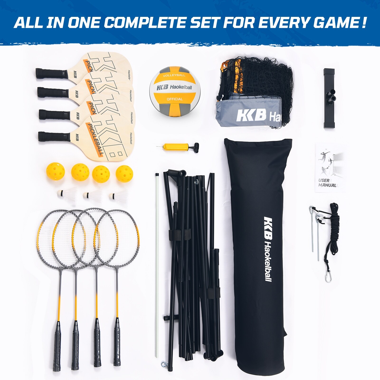 3-in-1 Haokelball 22ft Portable Pickleball Volleyball