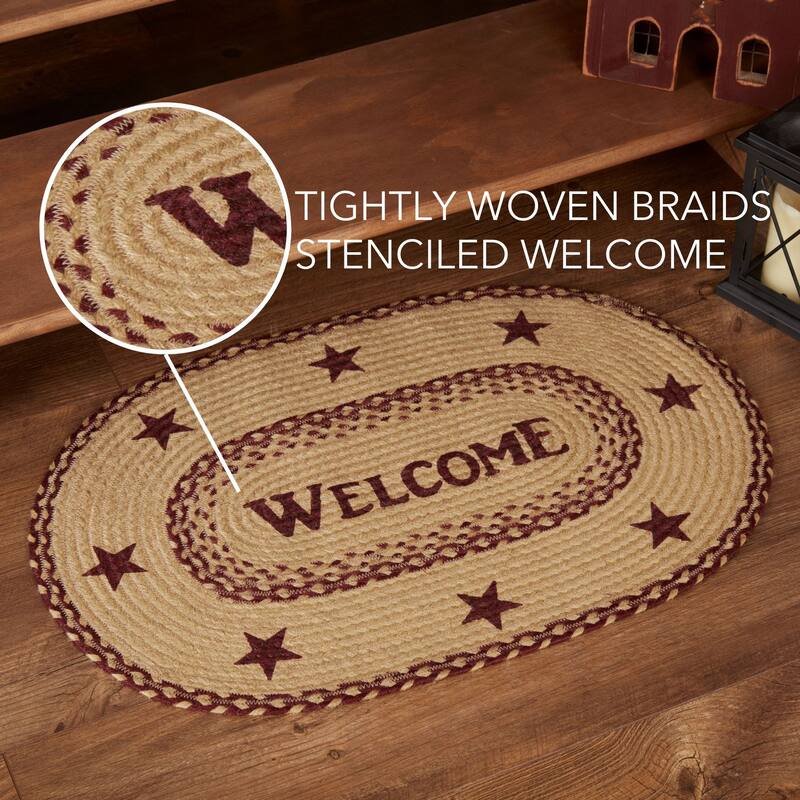 Burgundy Tan Jute Rug Oval Welcome w/ Pad 20x30 - 20" x 30" Oval