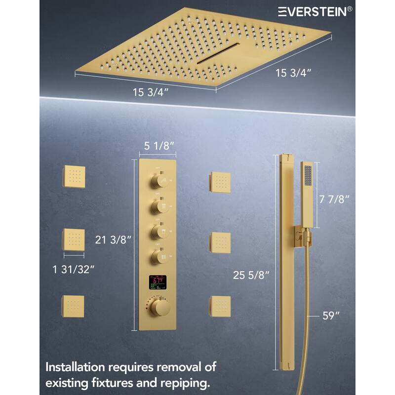 Digital Thermostatic Shower Set with Remote-Control LED Lights, Rainfall/Waterfall Combo and Massaging Jets
