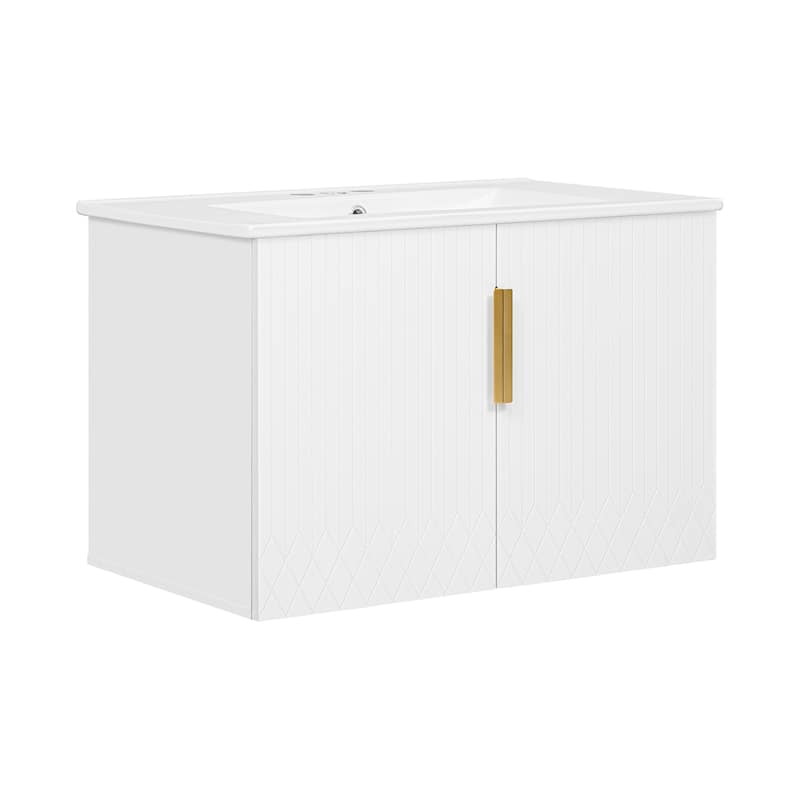 Wall-Mounted Bathroom Vanity with Ceramic Sink, Floating Bathroom Storage Cabinet, 30 Inch