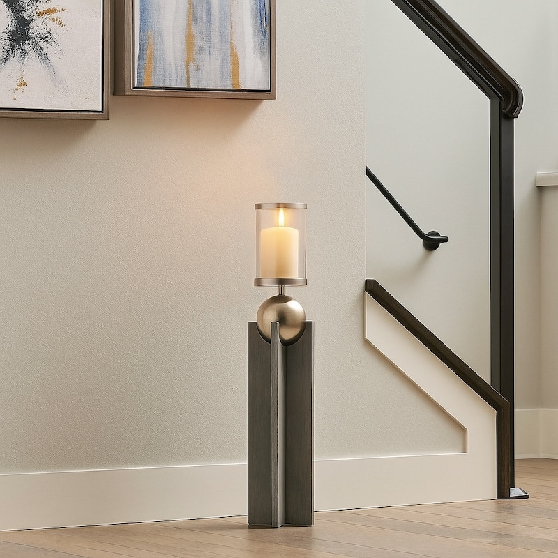 Candle Holder - Gray Wood Pillar with Metal Sphere