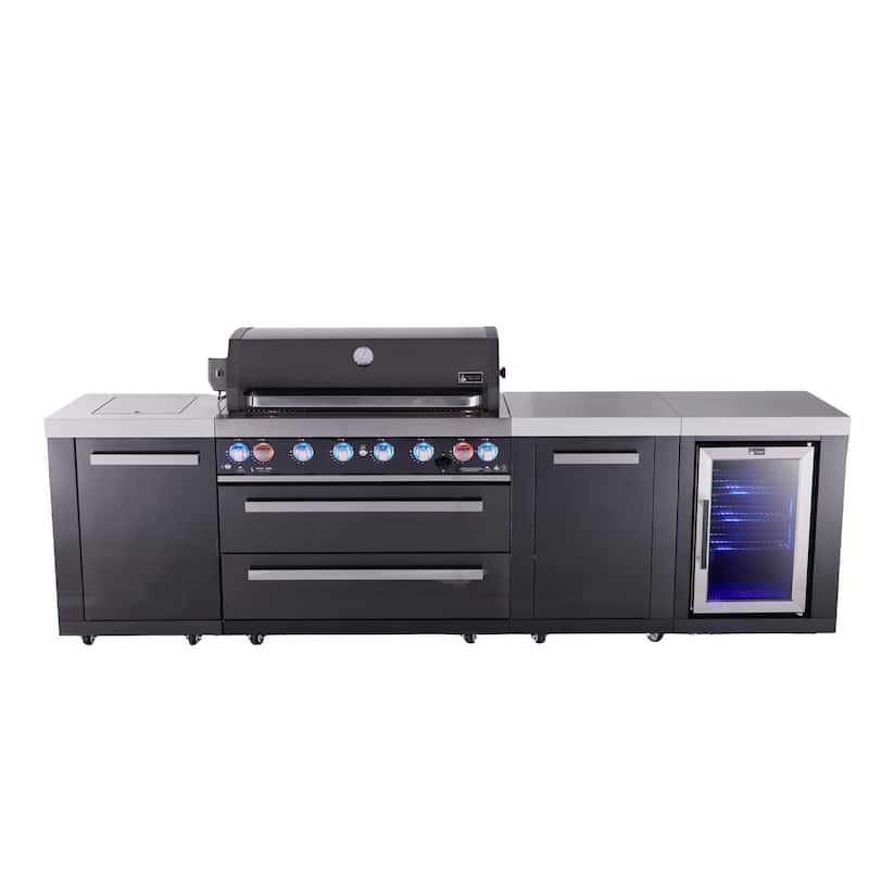 Mont Alpi 119"W x 23"D Black Stainless Steel Premium Modular Outdoor Kitchen Island with Refrigerator + 44"W 6-Burner BBQ Grill