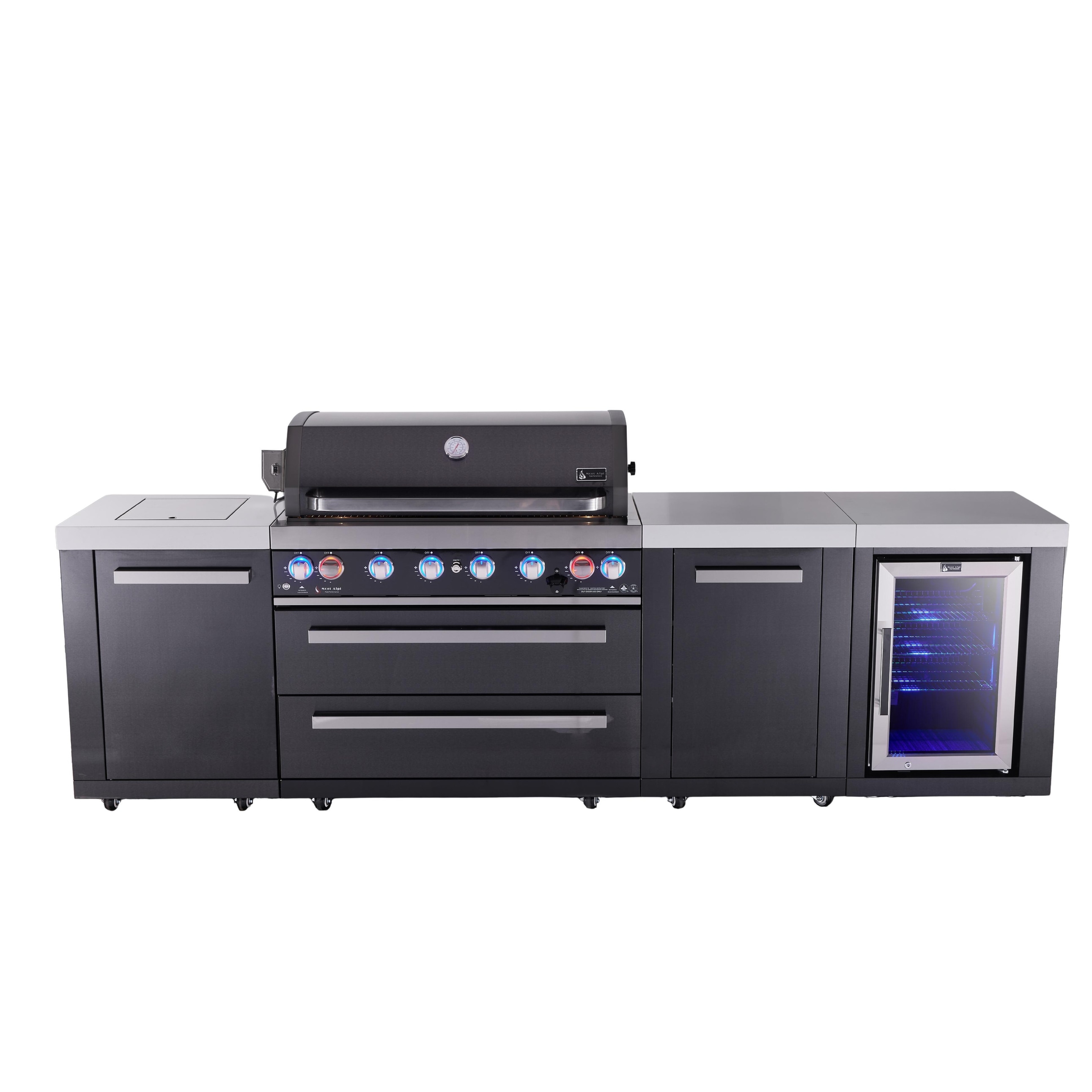 Mont Alpi 119"W x 23"D Black Stainless Steel Premium Modular Outdoor Kitchen Island with Refrigerator + 44"W 6-Burner BBQ Grill