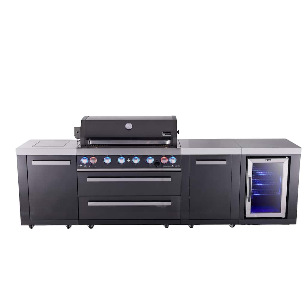 Mont Alpi 119"W x 23"D Black Stainless Steel Premium Modular Outdoor Kitchen Island with Refrigerator + 44"W 6-Burner BBQ Grill