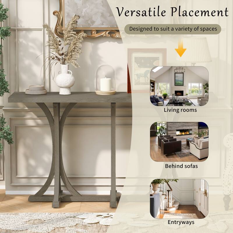 59.8'' Farmhouse Wooden Console Table with Oak Veneer Top, Curved Rubber Wood Legs, Entryway Sofa Table for Living Room
