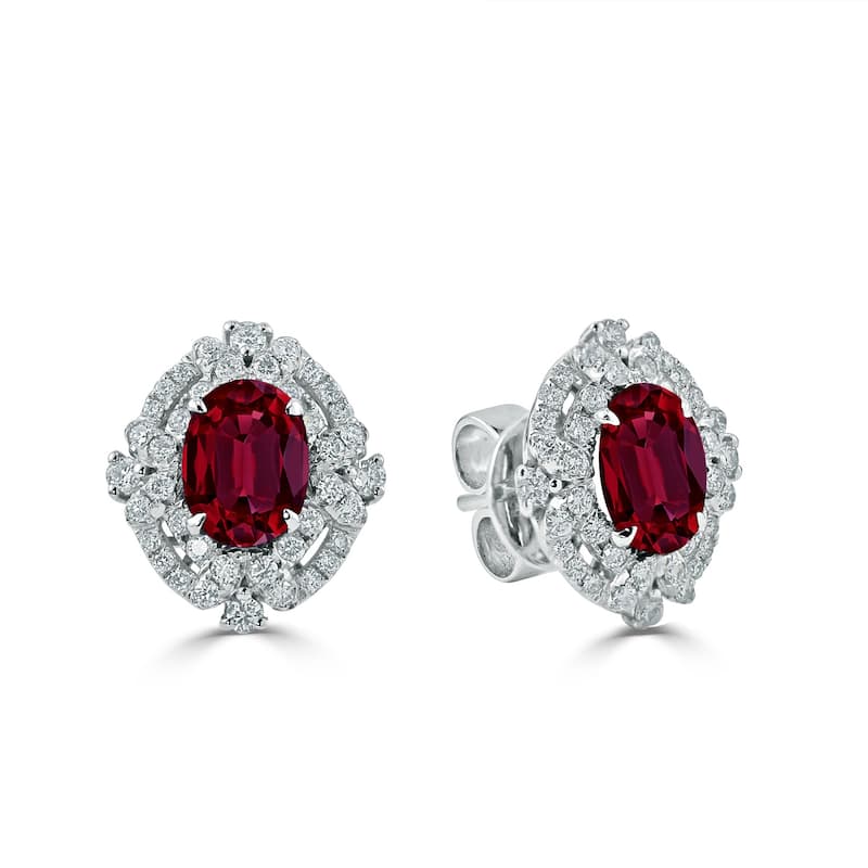 Auriya 2 3/4ct Vintage Oval-cut Red Ruby Halo Diamond Stud Earrings 5/8ctw 18k Gold