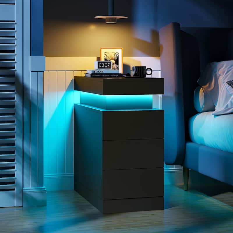 Bedroom Nightstand Charging Station LED Lights Sliding Top Drawers - Narrow 3 Drawers