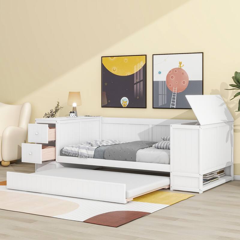Twin Size Daybed with Storage, Trundle, and Charging Station in White
