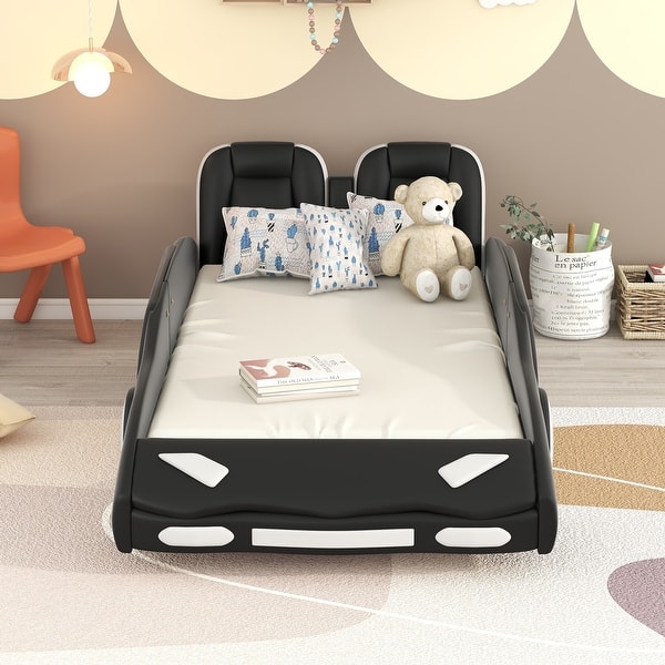 slide 2 of 12, Race Car Shaped Platform Bed Twin Bed Frame Creativity Kids Bed Wood Slat Support Upholstered Bed with Backrest Black - Twin