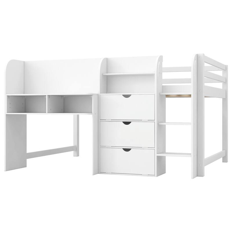 Full Size Low Loft Bed with Built-in Desk, Storage Cabinets, Open Bookcase, and Whiteboard for Graffiti