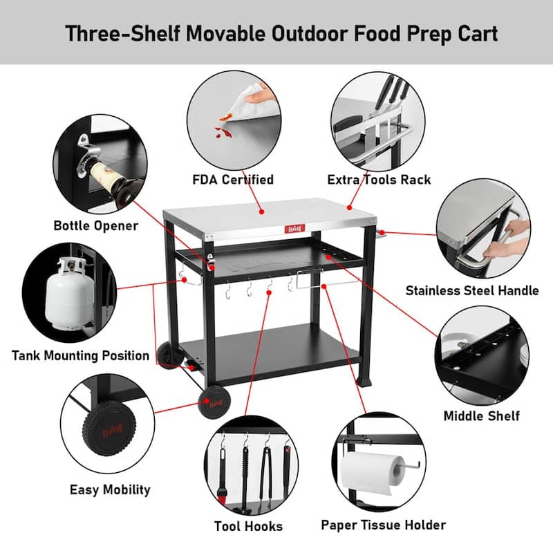 Feasto 734401B 3-Shelf Indoor Outdoor Movable Serving Cart Outdoor Kitchen Station
