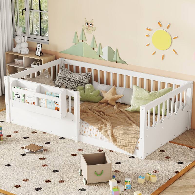 Roomfitters Floor Bed with Bookshelf and Heightened Fence, Solid Wood Frame with Guardrails
