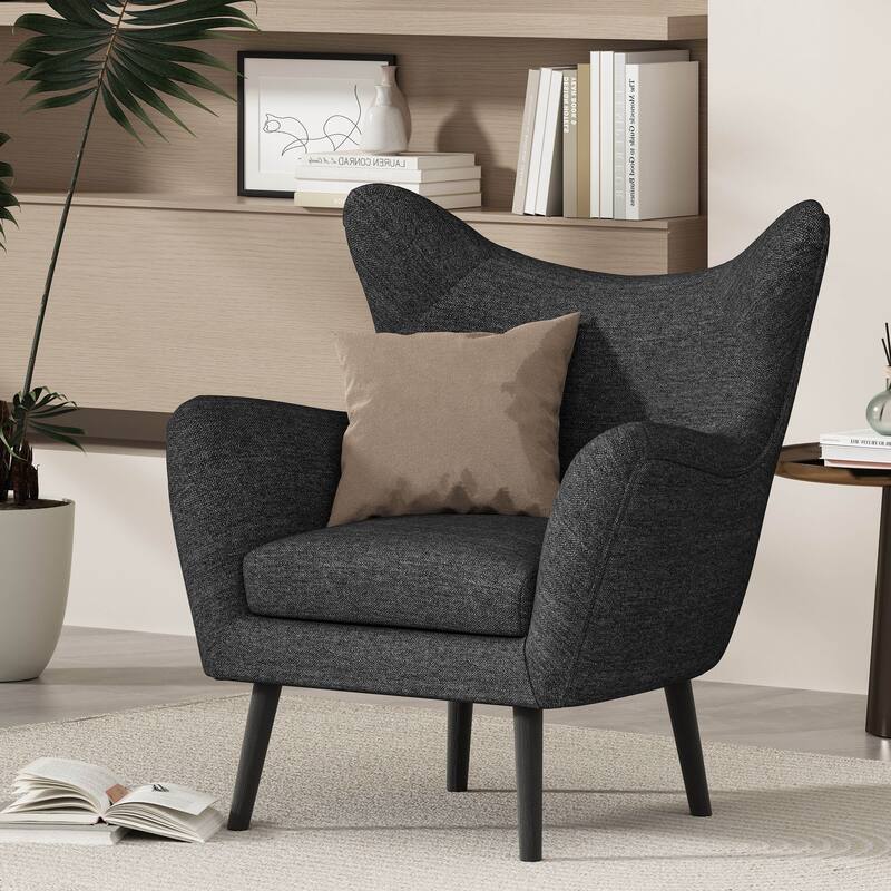 Modern 34.25" Upholstered Arm Chair with Oak Wood Legs and Wing Back