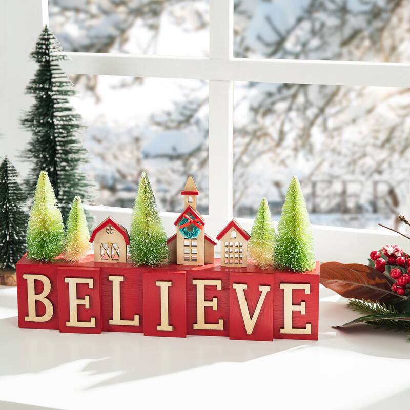 Glitzhome 14"L Christmas Wooden House Brush Trees Table Decor