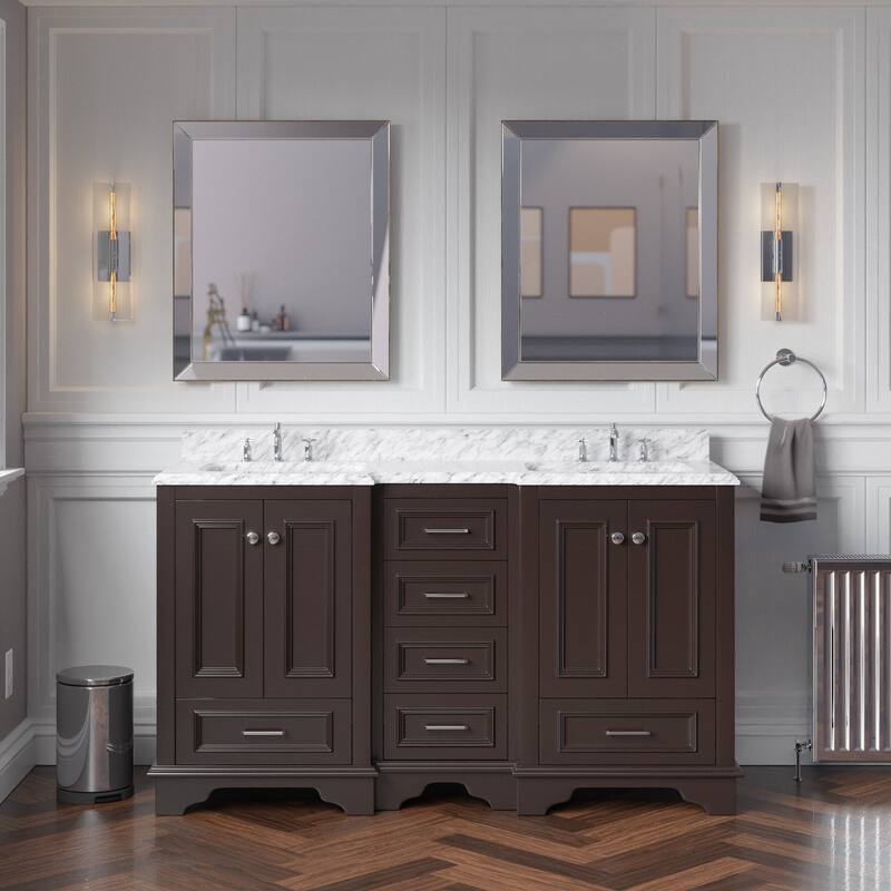 KitchenBathCollection Nantucket 60" Double Bathroom Vanity with Carrara Marble Top - Chocolate