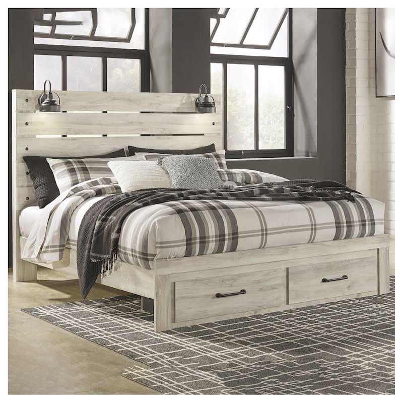 Cambeck Whitewashed Panel Bed w/ 2 Footboard Storage Drawers - King