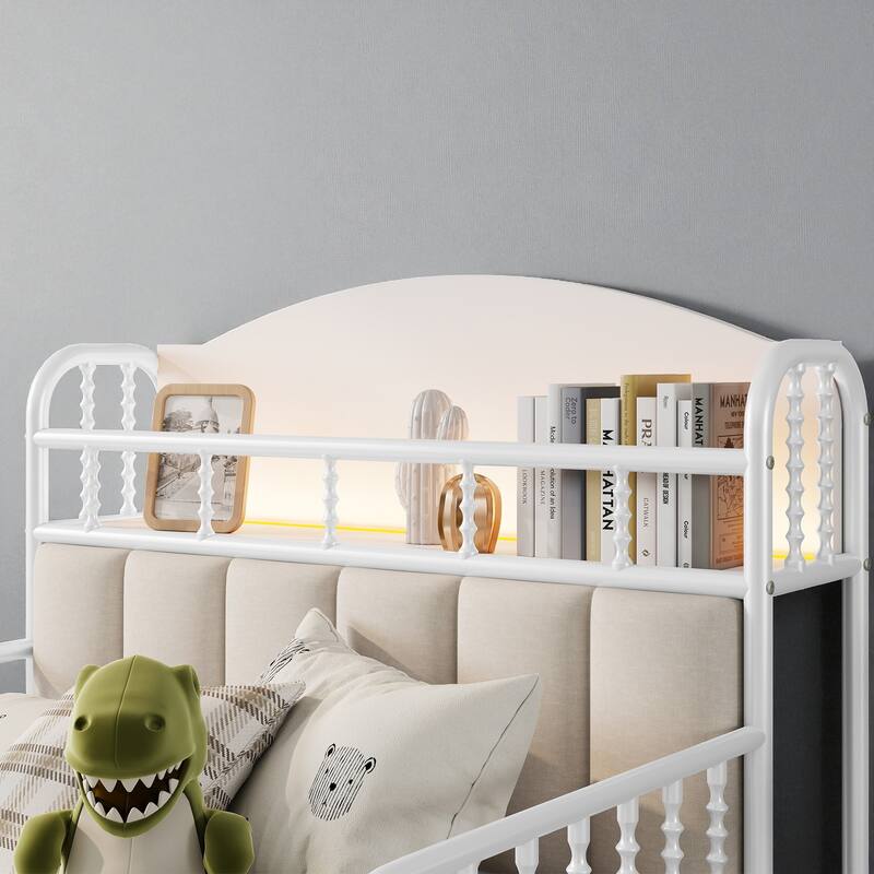 Twin/Full Size Metal Platform Bed with LED Lights and Upholstered Headboard, Kids Bed Frame with Storage Shelf