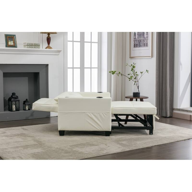 3-in-1 Convertible Sofa Chair,Pull Out Sleeper Chair with USB Ports and Cup Holders（Leather）
